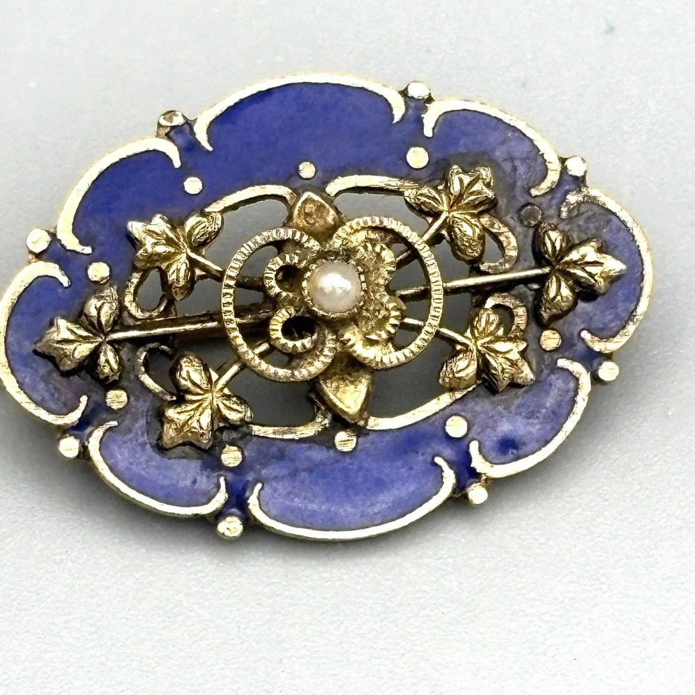 Antique Estate Stick Pin Blue Enamel Faux Pearl Regal Gold Vines and Pinstop